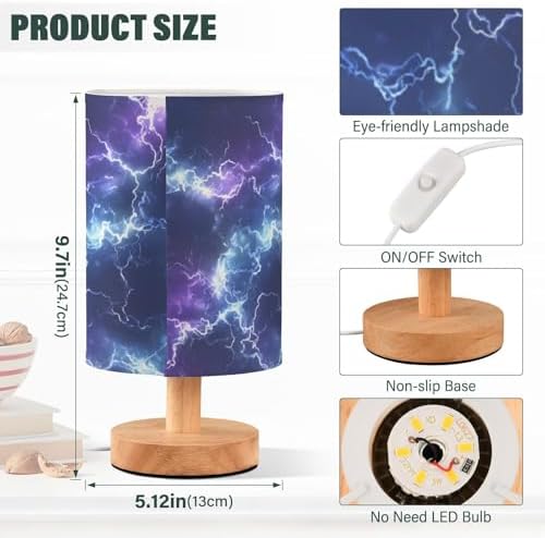 Bedside Lamp Dark Blue Purple Lightning Table Lamp for Bedroom LED Nightstand Lamp Shade USB Ports Wood Base for Living Room Dorm Office