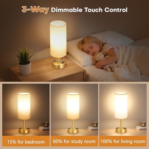 MOICO Bedside Table Lamp for Bedroom, 3-Way Dimmable Nightstand Lamp with USB C, USB A Ports & AC Outlet, Small Table Lamp Fabric Shade for Living Room Dorm Office, LED Bulb Included (14in Gold)