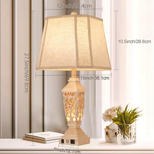 AIDENOEY Farmhouses Table Lamp with USB & USB-C Charging Ports, 3-Color Dimmable & Stepless Bottom Dimming, Touch Control & Switch, Vintage Bedside Lamp for Bedroom Living Room Office,(27.5" high)