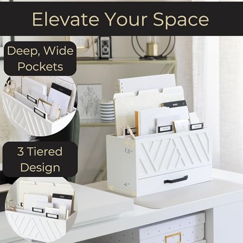 BLU MONACO | Wooden Mail Organizer with Drawer and Gold Labels | Mail Sorter Organizer Countertop for Desk | Paper and Letter Sorter for Office Storage