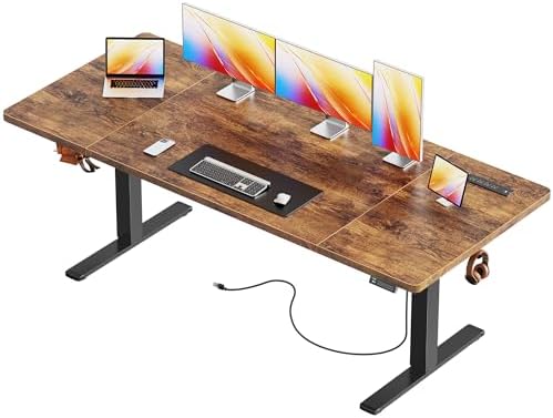 Huuger 71 x 30 Large Electric Standing Desk, Height Adjustable Computer Desk, 29.5" Deep Desktop, Stand up Gaming Office Table with 2 Hooks, 3 Preset Heights, for Home Office, Rustic Brown