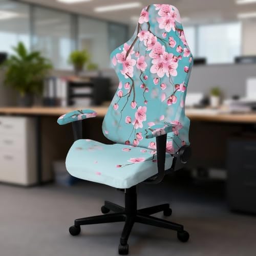 Teal Gaming Chair Cover Stretchable Cherry Blossom Computer Desk Chair Cover with Armrest Covers,4Pc/Set Soft Non Slip Office Chair Covers Slipcovers