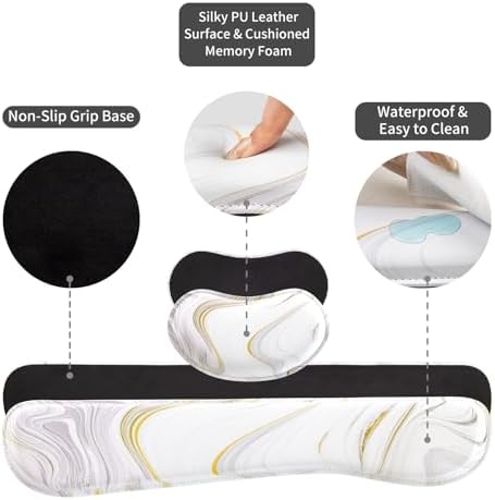 QiyI PU Leather Desk Mat Set, 4-in-1 Ergonomic Wrist Rest, White Marble