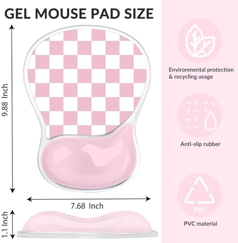 Gel Mouse Pad with Wrist Rest for Mouse Ergonomic Mouse Wrist Rest Non-Slip Silicone Checkered Mousepad with Wrist Support for Computer Desk Gaming Laptop Home Office Desk Accessories Pink Plaid