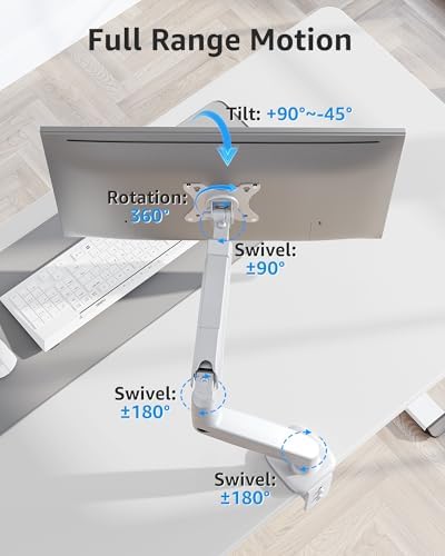 MOUNTUP Single Monitor Desk Mount Holds Screen up to 32 inch, Height Adjustable Monitor Arm, Full Motion Computer Monitors Stand with Clamp/Grommet Base, VESA Mounts Fit 4.4-19.8lbs Computer, White