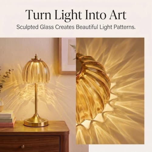 Tulip Glass Rechargeable Table Lamp, Cordless Vintage Table Light (Amber)