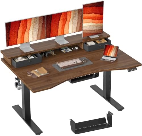 TIQLAB 55''*28''Standing Desk with Drawers&Cable Management, Black Walnut
