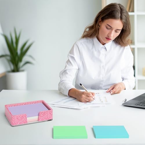 Sticky Note Holder, Glitter Pink Acrylic Notepad Holder 4x6 in Self-Stick Note Dispenser Office Desk Accessories, Memo Pad Holder Organizer for Classroom School Supplies