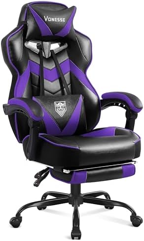 Vonesse Gaming Chair, High Back Gaming Chair with Footrest and Massage, Gaming Chairs for Adults with Pocket Spring Cushion, Big and Tall Reclining Computer Chair with Lumbar Support (Purple/Black)