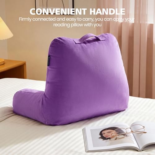 Reading Pillow for Bed Sitting Up, Adults and Teens Backrest with Arms, Velvet Back Support Pillow for Sitting on Sofa, Couch with Washable Cover- Standard, Purple