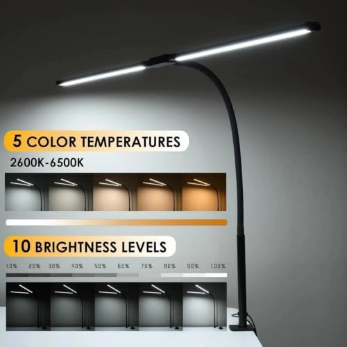 LED Desk Lamp for Home Office Eye-Caring Monitor Tablelamp with Clamp Color Changing Dimmable with Flexible Gooseneck Doublehead,White