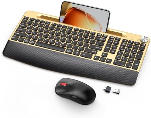 GAMCATZ Ergonomic Wireless Keyboard and Mouse with Wrist Rest，Phone Holder - 2.4GHz Full-Sized Low-Profile Quiet Gold Wireless Mouse and Keyboard Combo for Computer, Laptop, PC, Mac-Gold