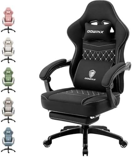 Dowinx Gaming Chair Breathable Fabric Game Chair with Gel Pad and Storage Bag, Comfortable Gamer Chair with Pocket Spring Cushion,Ergonomic Computer Chair with Footrest,Black