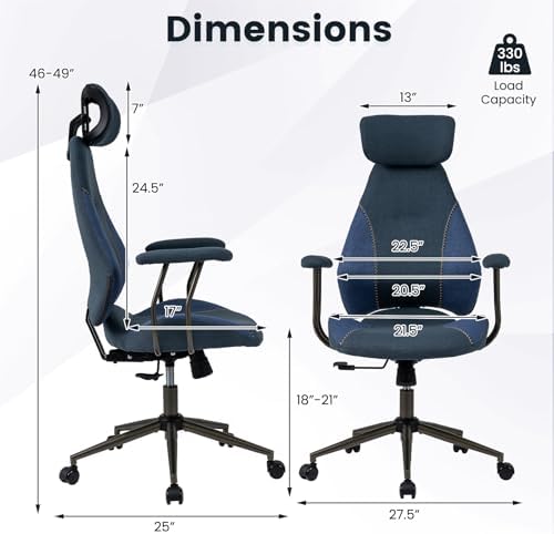 GIANTEX Ergonomic Office Chair, Mid Century Modern Fabric Computer Desk Chair with 2D Headrest, Rocking Backrest & Wheels, Vintage High Back Rolling Chair for Executive, Blue