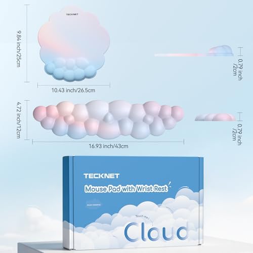 TECKNET Cloud Wrist Rest & Ergonomic Mouse Pad, Cloud Keyboard Wrist Rest with Non-Slip Base, PU Leather Memory Foam Wrist Pad for Keyboard and Mouse, Pain Relief for Typing, Gaming, Rainbow