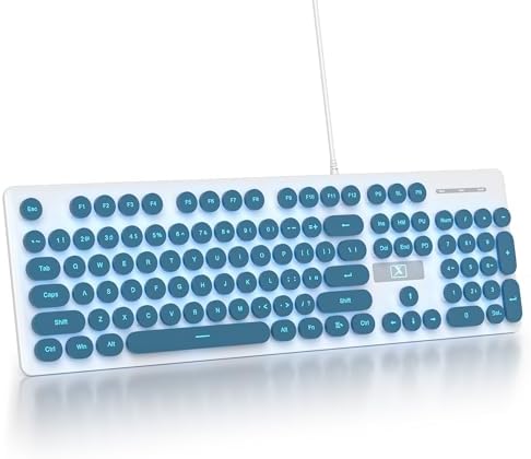 surmen Cute Quiet Keyboard Blue Wired Typewriter Keyboard, Light Up Backlit PC Keyboards with Retro Round Keys Full Size 104 Keys for Office Computer (Blue)