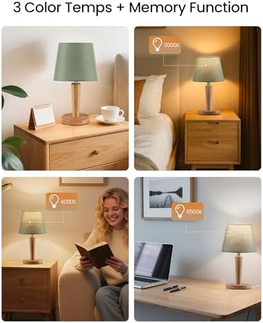 12" Wood Bedside Table Lamps Set of 2, Small Desk Lamps for Small Places, 3 Color Temperatures with Memory, Green Linen Shade & E26 Bulbs, for Bedroom Living Room Office MJ13TLP205