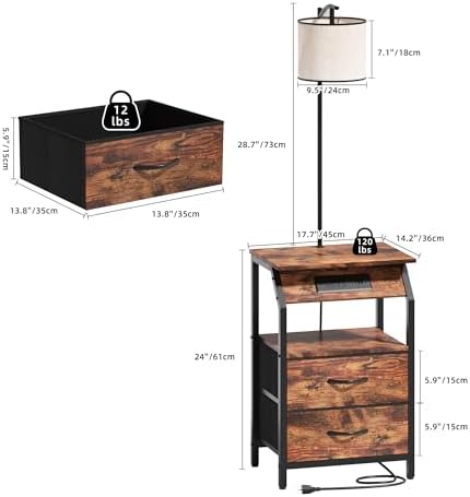 End Table with Floor Lamp, Nightstand with Charging Station, Floor Lamp Table with 3-Color Temperature Bulb, Bedside Table Night Stand with 2 Drawers for Bedroom, Living Room, Brown