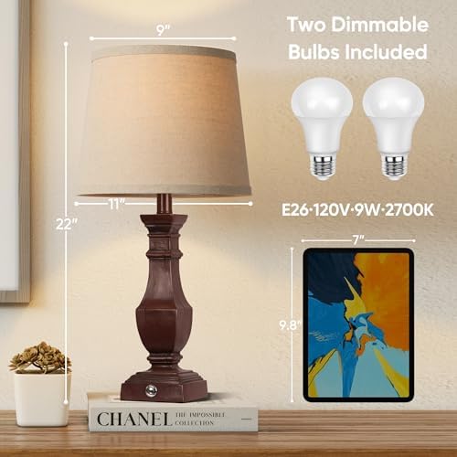 ROTTOGOON Dimmable Table Lamps Set of 2, Rustic Farmhouse Table Lamps for Living Room Bedroom, Bedside Desk Lamps for end Tables, Touch Lamps for nightstand, 9W Bulbs Included, 22", Antique Red