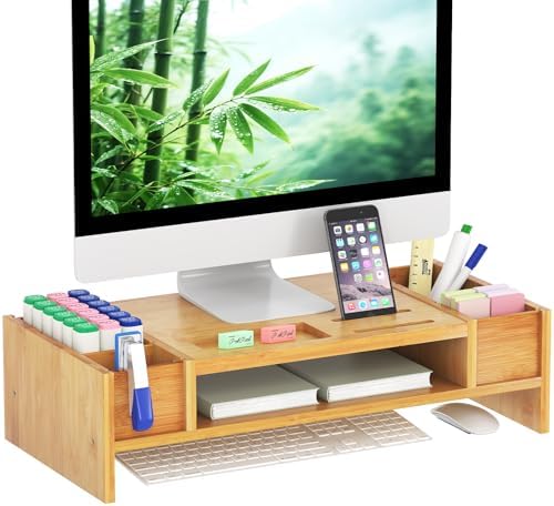Ufine Bamboo Monitor Stand with Storage Compartments Small Desk Organizer