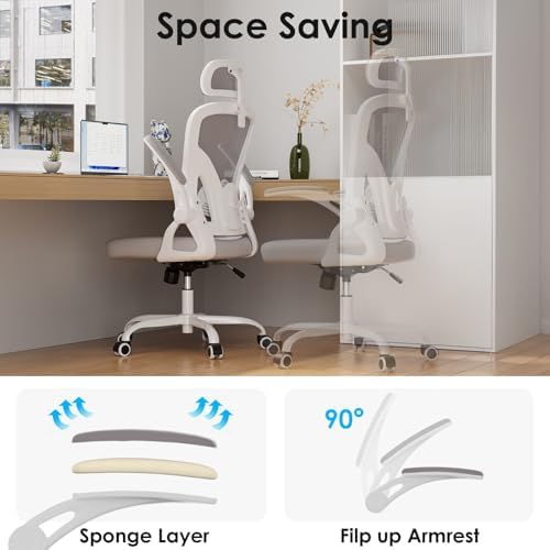 Farini Ergonomic Office Chairs Set of 2, Home Office Desk Chair with Headrest, High Back Swivel Computer Chair with Armrests and Adjustable Lumbar Support for Home Office, White & Grey