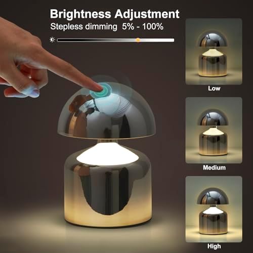 SAIWEYA Modern Cordless Mushroom Small Table Lamp, Dimmable Touch Battery