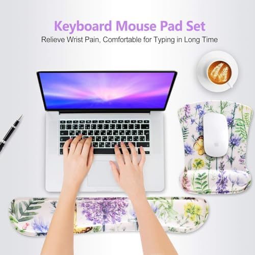 Keyboard Pad Wrist Rest Mouse Pad, ToLuLu Gel Ergonomic Mouse Pads for Computer Laptop Office, Mousepad Keyboard Wrist Support Memory Foam for Easy Typing & Pain Relief, Purple Floral Yellow Butterfly