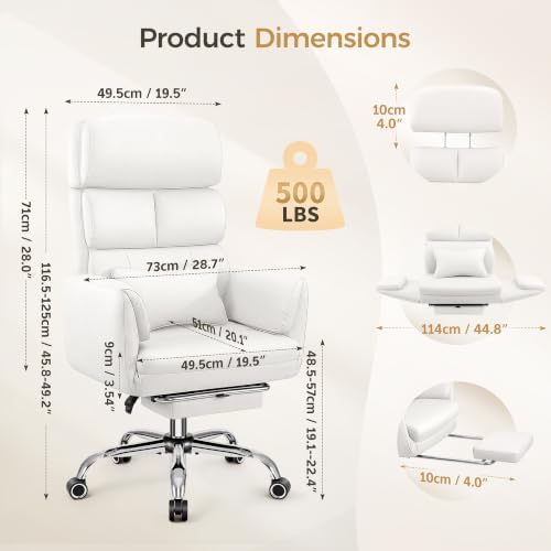 Big and Tall Office Chair 500LBS, Ergonomic High Back Leather Executive Chair, Reclining Swivel with Adjustable Armrests Lumbar Support Footrest, Cross Legged, White