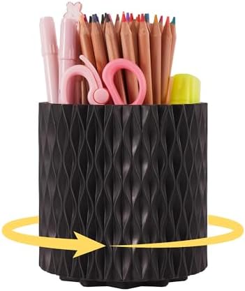 Black Pen Holder for Desk, 360° Rotating Pencil Organizer, 5 Slots