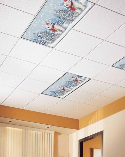 Blue Christmas Magnetic Fluorescent Light Covers for Ceiling Lights 2 x 4 Feet,Snowflakes Retro Snowy Xmas Tree Bear Office Classroom Kitchen Drop Ceiling Light Covers Filters Shade Panel 3 Packs