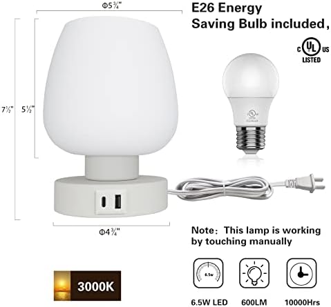 Touch Bedside Table Lamp - Small Lamp for Bedroom with USB C+A Charging Ports 3 Way Dimmable, Nightstand Desk lamp with White Opal Glass Lamp Shade Warm LED Bulb Included, Simple Design Gifts
