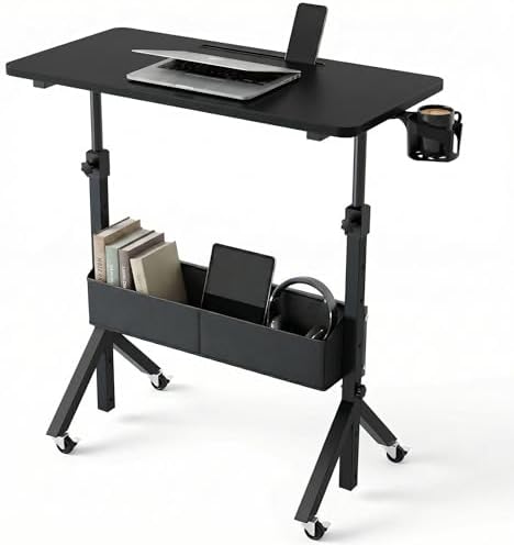 HUANUO Portable Standing Desk Adjustable Height, Mobile Stand Up Desk for Walking Pad and Treadmill, Rolling Computer Table with Wheels, 31.5"x15.75" Height 28.7"-46.1", Black