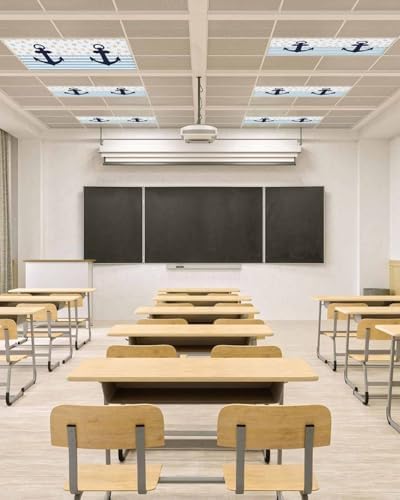 Christmas Anchor Magnetic Fluorescent Light Covers for Ceiling Lights 2 x 4 Feet,Nautical Sea Star Shell Stripe Blue Office Classroom Kitchen Drop Ceiling Light Covers Filters Shade Panel 2 Packs
