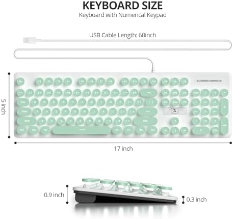 surmen Cute Quiet Keyboard Wired Green Typewriter Keyboard, Light Up Backlit PC Keyboards with Retro Round Keys Full Size 104 Keys for Office Computer (Green)