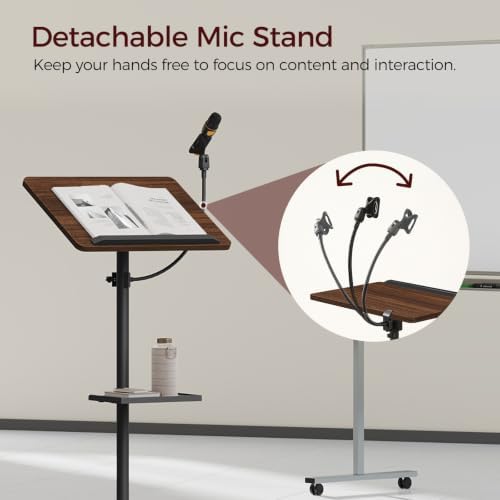 MAHANCRIS Podium Stand with Microphone Stand, Mobile Lectern and Laptop Desk with Storage Tray, 28.9-42.7 Inch Adjustable Height Portable Podium for Classroom, Conference Room, Walnut LPHA4001