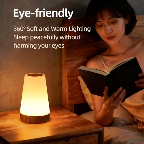 Night Light, Dimmable Touch Lamp and Remote Control, 13 RGB Colors & 5 Brightness, Rechargeable Bedside Table Lamp for Baby Kids Nursery Bedroom Bathroom Camping (Wood Grain)