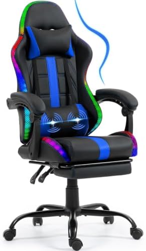 ECOTOUGE Gaming Chair with Footrest, Lumbar Massage & RGB LED Lights, Blue