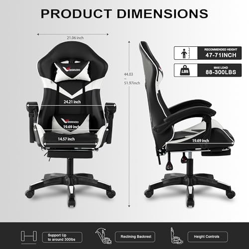 Gaming Chair for Adults, Ergonomic Computer Gaming Chair with Footrest & Lumbar Support, Height Adjustable 360° Swivel Reclining Home Office Desk Chair (Black & White)