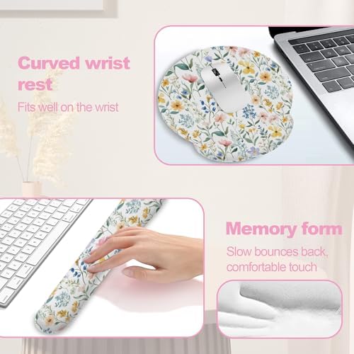 Wildflowers Leaves Mouse Pad with Wrist Rest and Keyboard Wrist Rest Set, Spring Colorful Flowers Non-Slip Rubber Base Memory Foam Mouse Pad Set for Women, Office Desk Accessories, Gaming