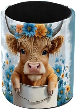 Highland Cow Floral Rustic Pen Holder Pencil Organizer Cute Pencil Cup Desk Decor Makeup Brush Holder PU Multifunctional Office Supplies for Home Classroom School