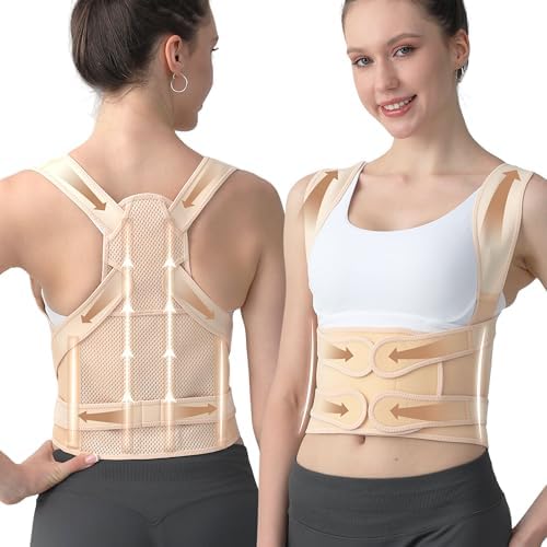 Posture Corrector for Women & Men, Adjustable Back Brace Shoulder Straightener, Full Back Support for Upper & Lower Back Pain, Hunchback, Scoliosis Relief (Medium, Beige)