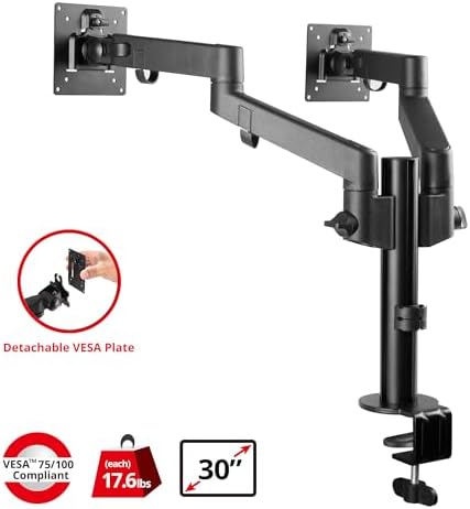 SIIG Dual Monitor Desk Mount, Replaceable Articulating Arm, 14" to 30", Fully Adjustable, Fits Flat/Curved Monitor, Load Bearing 17.6 lbs max Each, VESA 75x75 100x100, C-Clamp & Grommet(CE-MT3E11-S1)