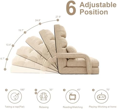 Floor Gaming Chair for Adults, 6-Position Adjustable Chaise Lounge Chair with Meditation Arm, Foldable Lazy Sofa with Pillow, Comfy Chair Indoor for Bedroom Dorm Living Room, Beige