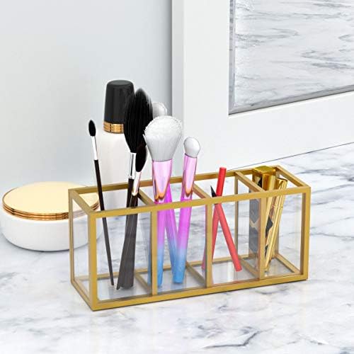 NIUBEE Gold Acrylic Pen Holder 4 Compartments, Desk Office Pencil Cup Desk