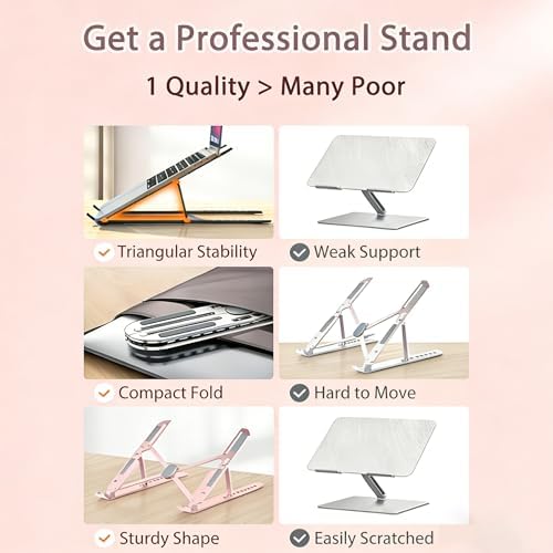 Ergonomic Foldable Computer Stand, 10-Level Height Adjustable Aluminum Laptop Stand, Compatible with 17.3 Inch Laptops, Tablets & Drawing Tablets, for MacBook, HP, Lenovo, Dell (Pink)