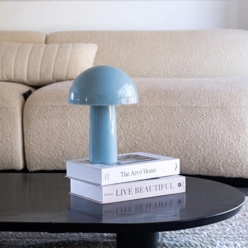 Brightech Celia Small Lamp – 10" Touch-Controlled Mushroom Table Lamp, Cordless & Dimmable LED, Portable & Rechargeable Bedside Night Light, Sustainable Recycled Modern Lamp for Home Décor, Light Blue