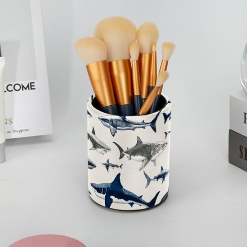 Leather Pen Holder for Desk, Sharks Pencil Cup Pen Organizer Makeup Brush Holder for Office Home Kids Countertop Desk Accessory Storage