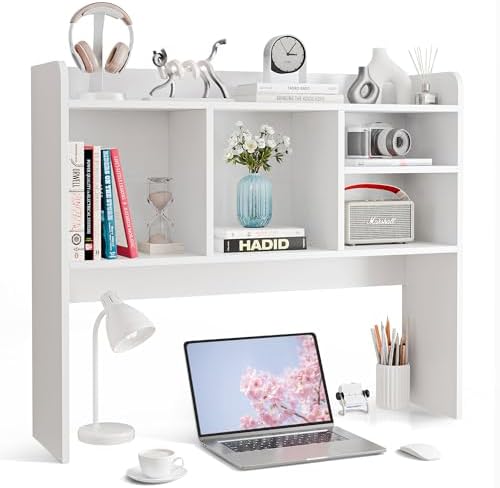 SUPER DEAL Desktop Bookshelf, Countertop Storage Hutch with 4 Shelves for Computer Desk, 2-Tier Display Rack, Multipurpose Wood Desk Hutch Storage Organizer for Home Office Dorm, White