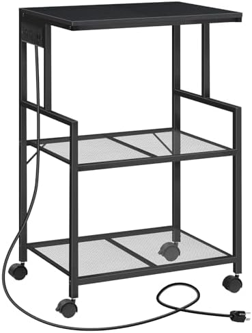 MAHANCRIS Mobile Printer Stand, 3-Tier Industrial Printer Cart with Power Outlets and 2 USB Ports, Rolling Printer Table on Wheels for Home Offices Kitchen Organization Rack, Black PTHB78E01