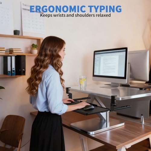 Keyboard Tray Under Desk - Full Metal Slide Out Holder, Rust-Resistant & Scratch-Proof, Double C-Clamps, 26x13" Tray for L Shape/Regular Desks, Standing/Sitting Workstation(Black-B)